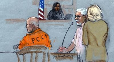 In this courtroom sketch, Steven Davis, second right, brother of slain Debra Davis, is comforted by his wife, right, as he testifies at the sentencing hearing for James &quot;Whitey&quot; Bulger, left, at federal court in Boston, Wednesday, Nov. 13, 2013. Bulger was convicted in August in a broad indictment that included racketeering charges in a string of murders in the 1970s and '80s, as well as extortion, money-laundering and weapons charges. Jurors could not agree whether Bulger was involved in Debra Davis' killing. (Jane Flavell Collins/AP)