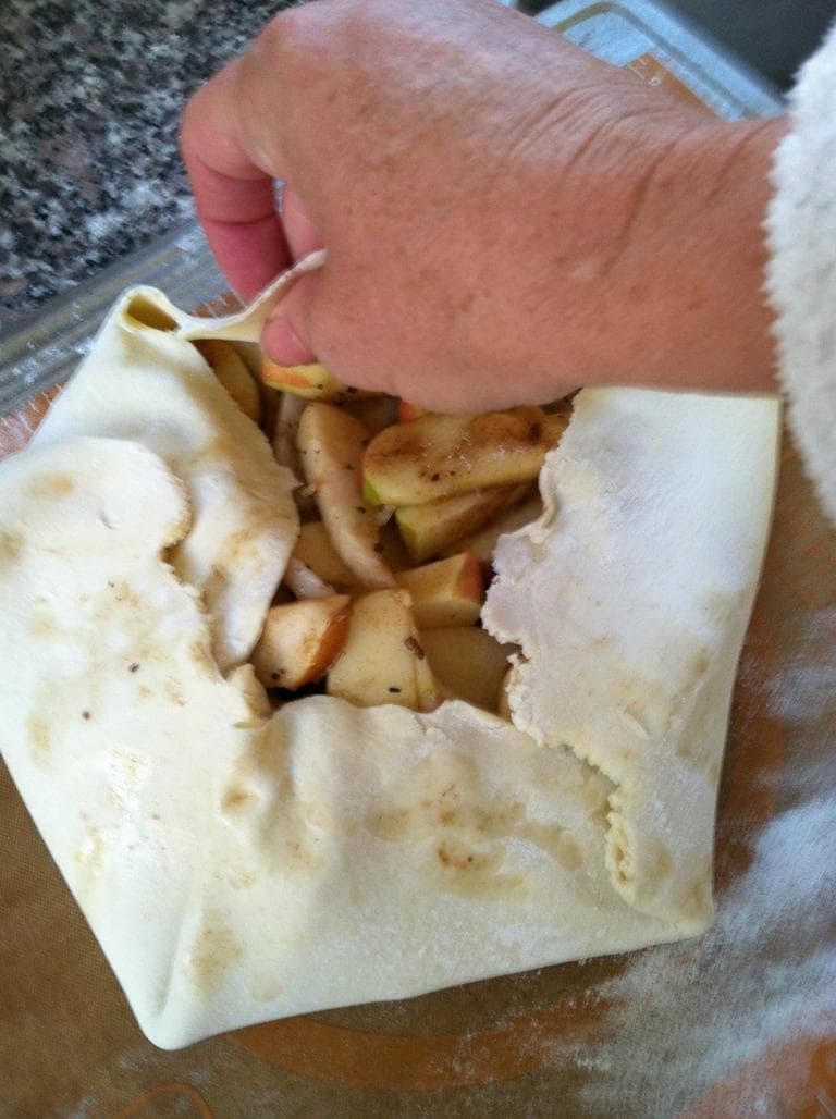 Making the &quot;Apple Pear Crostada.&quot; (Kathy Gunst/Here &amp; Now)