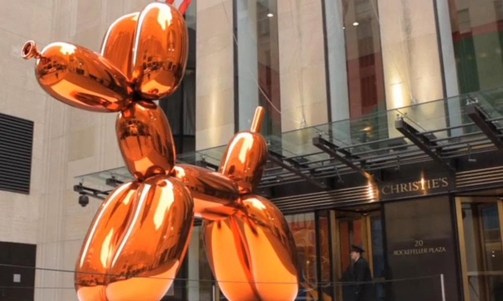 Jeff Koons’s &quot;Balloon Dog (Orange)&quot; is pictured outside of Christie's auction house in New York. (Christie's)