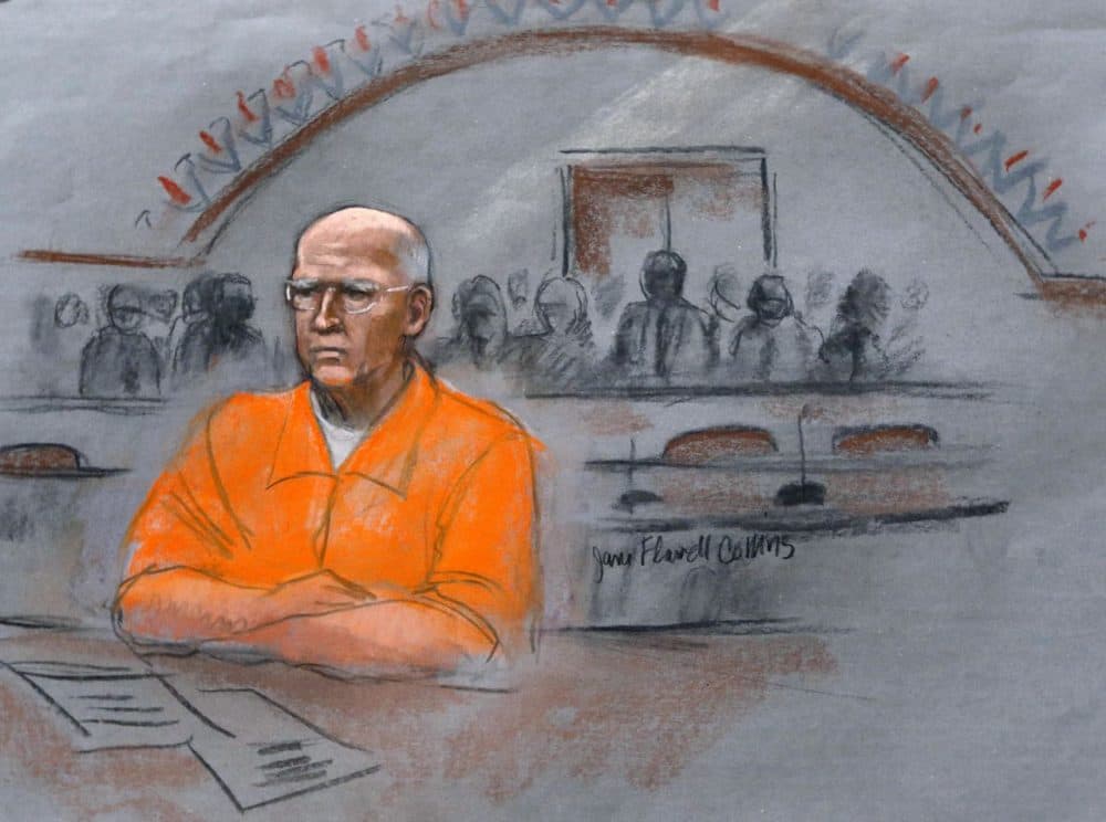 In this courtroom sketch, James &quot;Whitey&quot; Bulger sits at his 2013 sentencing hearing in federal court. (Jane Flavell Collins/AP)