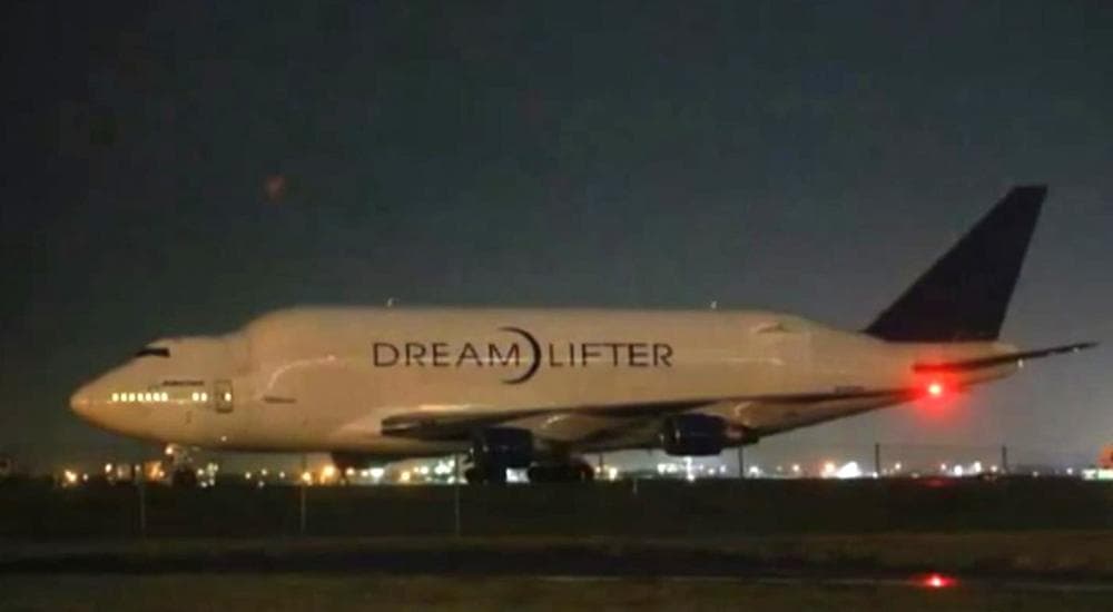 The Boeing Dreamlifter is pictured in Wichita. (Screenshot from Wichita Eagle video)