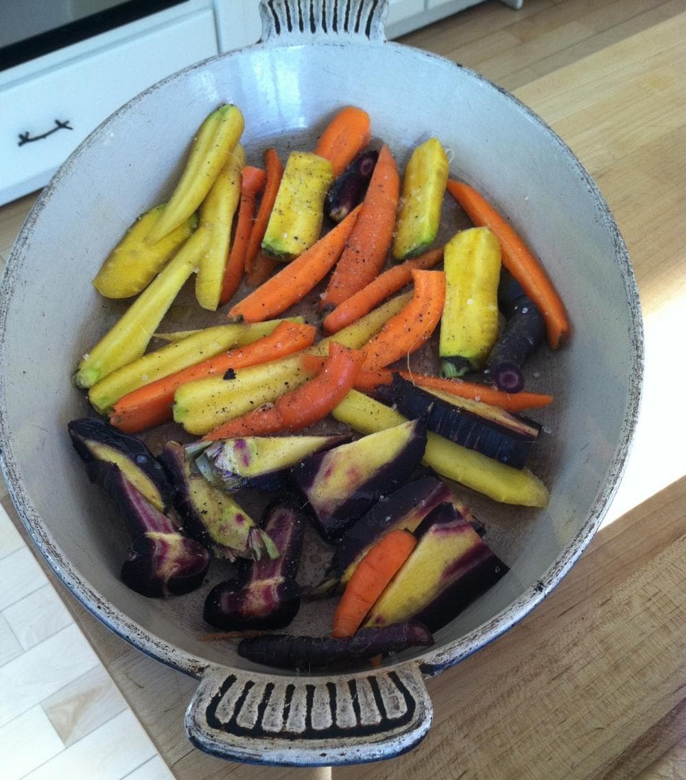 Fresh dug carrots, ready to roast. (Kathy Gunst/Here &amp; Now)