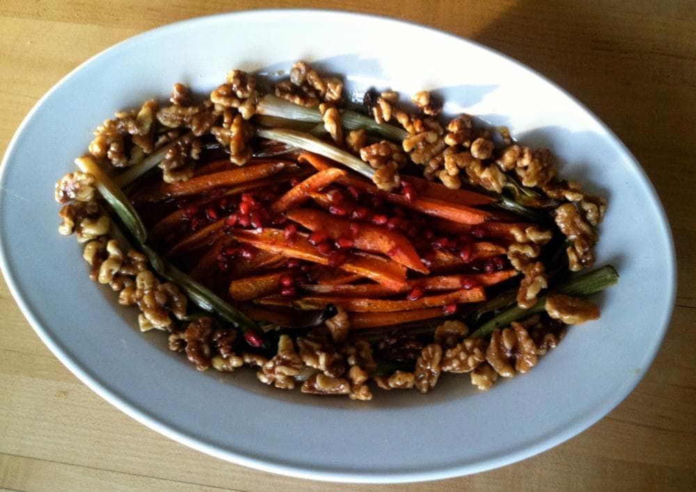 Kathy Gunst's &quot;Roasted Maple-Glazed Carrots with Pomegranates, Char-Roasted Scallions, and Maple Glazed Walnuts.&quot; (Kathy Gunst/Here &amp; Now)