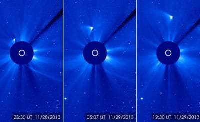 ISON appears as a white smear heading up and away from the sun. ISON was not visible during its closest approach to the sun, so many scientists thought it had disintegrated, but images like this one from the ESA/NASA Solar and Heliospheric Observatory suggest that a small nucleus may be intact. (ESA/NASA/SOHO/GSFC)
