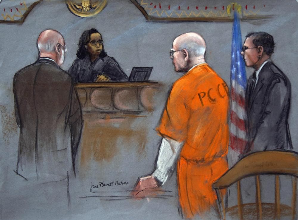 In this courtroom sketch, former Boston crime boss James &quot;Whitey&quot; Bulger, second right, flanked by defense attorneys, J.W. Carney Jr., left, and Hank Brennan, stands before Judge Denise Casper in federal court in Boston, Thursday, Nov. 14, 2013. Bulger was sentenced Thursday to life in prison for his murderous reign in the 1970s and '80s, bringing to a close a case that exposed FBI corruption so deep that many people across the city thought he would never be brought to justice. (Jane Flavell Collins/AP)