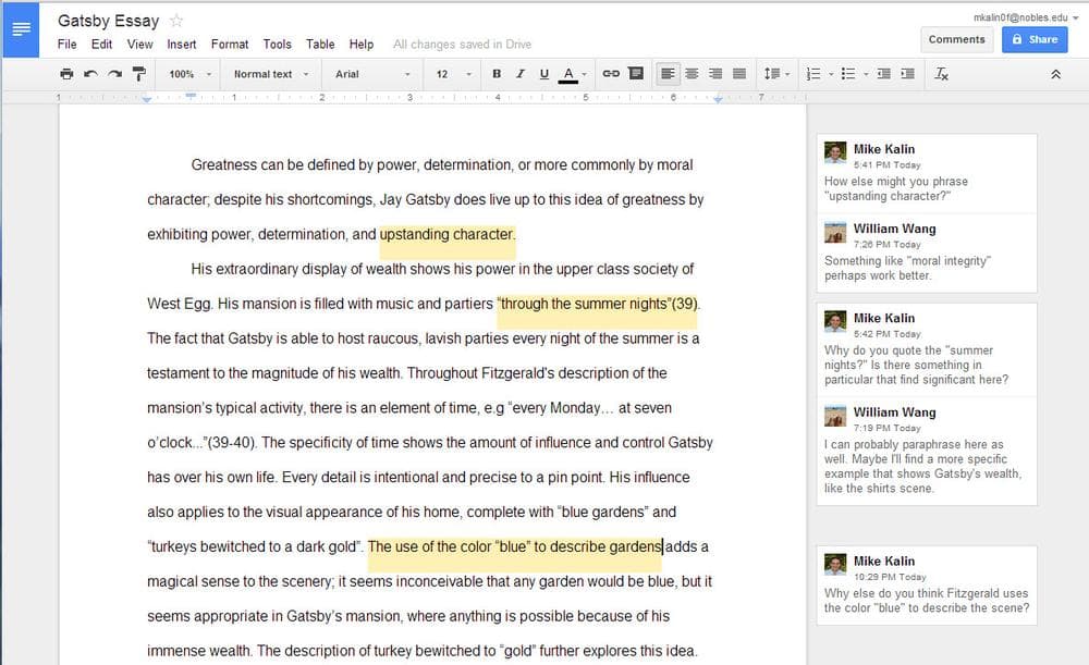 The sharing function of Google Docs enables teachers and students to communicate in the margins of a document during the composition process. (Courtesy of the author) 