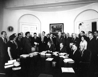 President John F. Kennedy meets with the Panel on Mental Retardation in the Fish Room at the White House, October 16, 1962. (Abbie Rowe, National Park Service/ JFK Presidential Library and Museum, Boston.)
