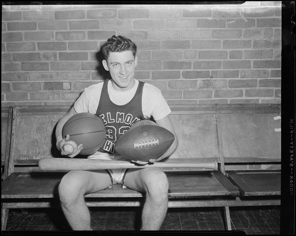 A Belmont High School athlete. Picture taken sometime between 1934 - 1956 from the Leslie Jones Collection at the Boston Public Library.