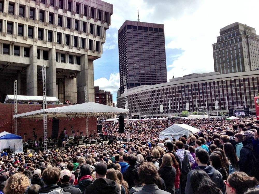 A crowd packs Boston City Hall Plaza for the Boston Calling Music Festival in May 2013. (Emma-Jean Weinstein/WBUR)