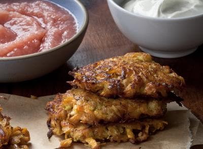 Sweet Potato and Apple Latkes with Cranberry Applesauce (Photo courtesy of Squire Fox. Food styling by Michael Pederson.)