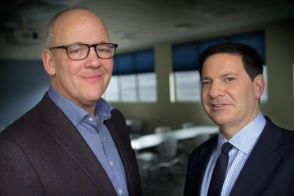 Political analysts John Heilemann and Mark Halperin are pictured at the Here &amp; Now studios. (Jesse Costa/Here &amp; Now)