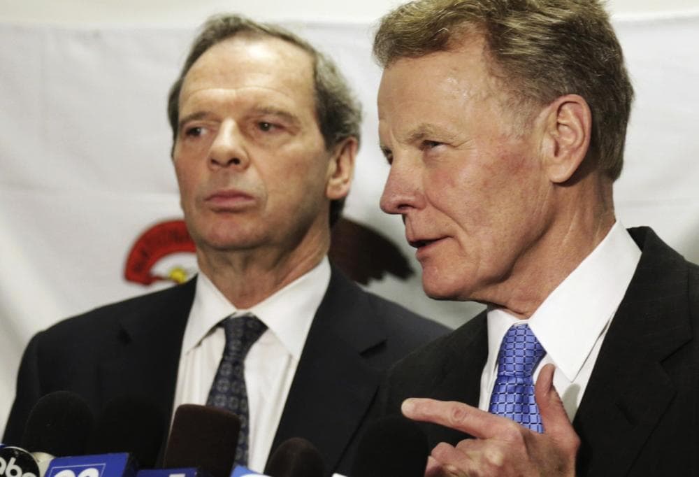 Illinois House Speaker Michael Madigan, with Senate President John Cullerton looking on at left, speaks to reporters after a meeting with Gov. Pat Quinn in Chicago to discuss the state&#039;s pension crisis, June 10, 2013. (M. Spencer Green/AP)