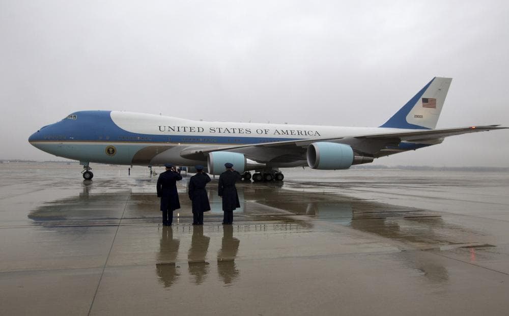 Air Force One, with President Barack Obama and first lady Michelle Obama aboard, departs at Andrews Air Force Base One, Md, Monday, Dec. 9, 2013, en route to South Africa for a memorial service in honor of Nelson Mandela. (Jose Luis Magana/AP)