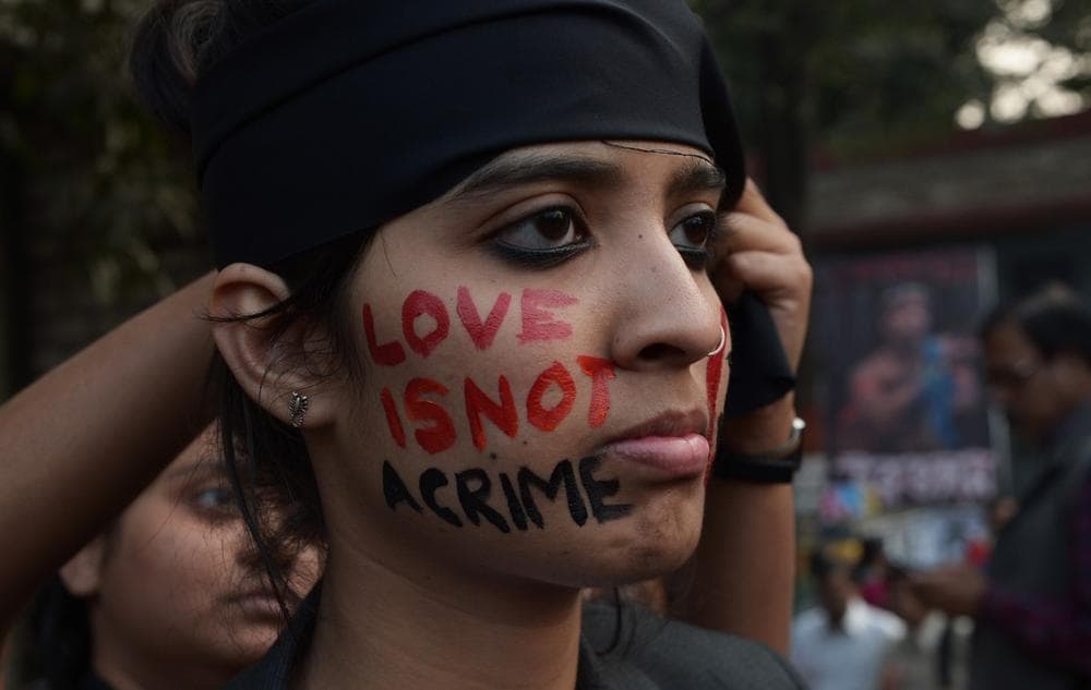 An Indian gay-rights activist takes part in a protest against the Supreme Court ruling reinstating a ban on gay sex in Kolkata on December 11, 2013. (Dibyangshu Sarkar/AFP/Getty Images)