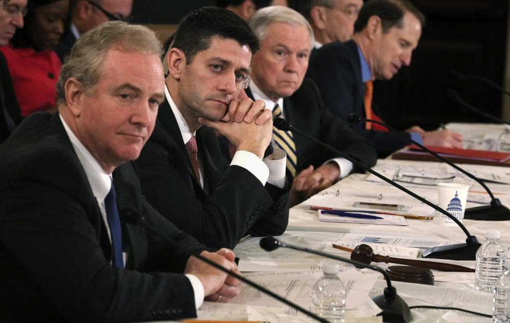 U.S. Rep. Chris Van Hollen (D-MD), left, says the budget deal is not perfect, &quot;but it's better than no agreement at all.&quot;  He's pictured with Rep. Paul Ryan (R-WI), Sen. Jeff Sessions (R-AL), and Sen. Ron Wyden (D-OR) during a Conference on the FY2014 Budget Resolution meeting November 13, 2013 on Capitol Hill in Washington, D.C. (Alex Wong/Getty Images)