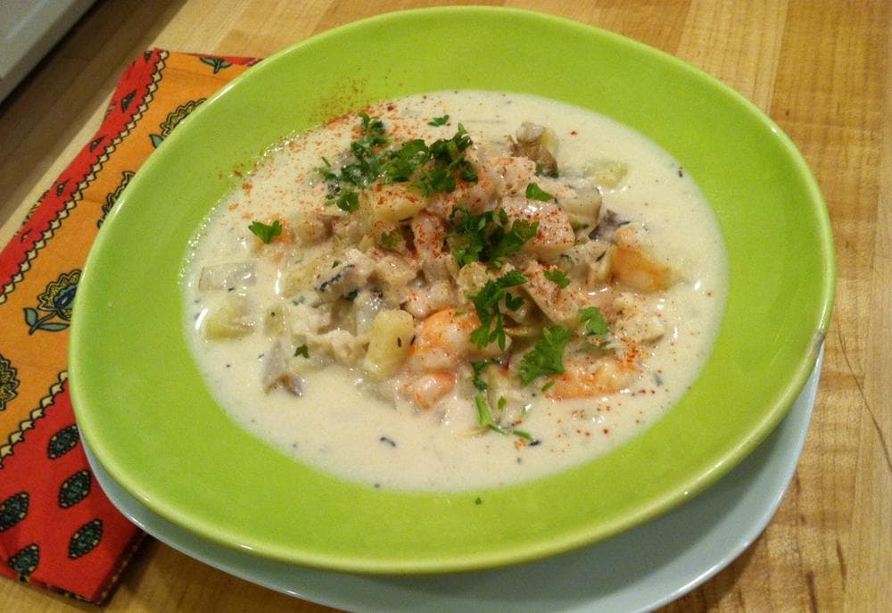 Kathy Gunst says her &quot;Maine Shrimp, Haddock, and Jerusalem Artichoke Chowder&quot; is great for an intimate dinner for two. (Kathy Gunst/Here &amp; Now)