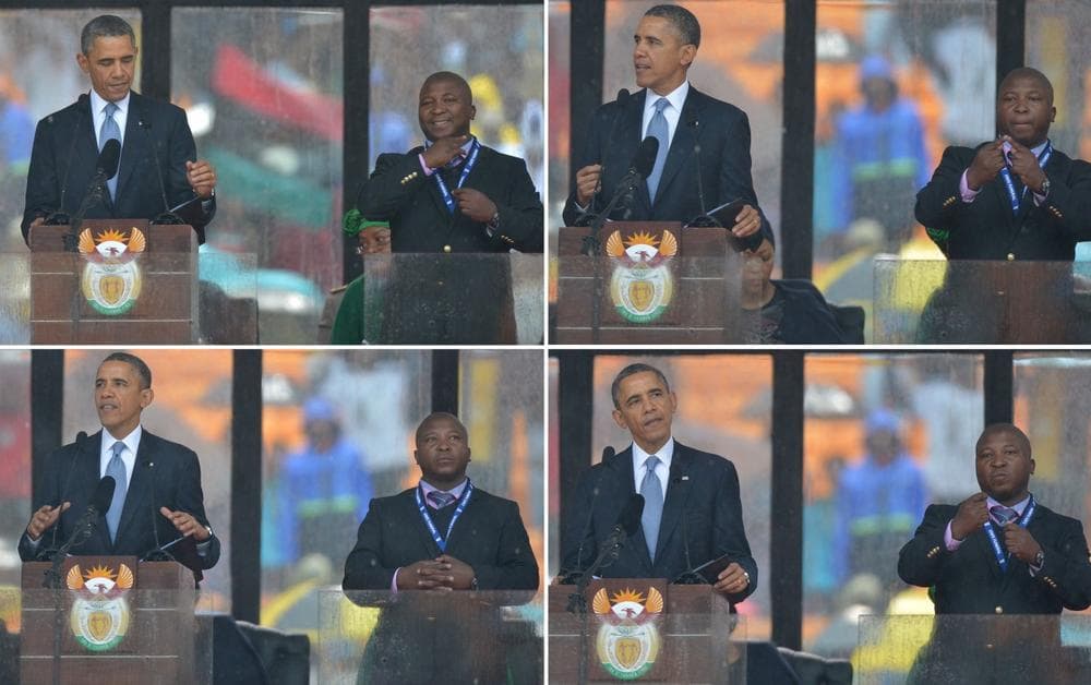 In these combination of pictures taken on December 10, 2013, U.S. President Barack Obama delivers a speech next to sign language interpreter Thamsanqa Jantjie (R) during the memorial service for late South African President Nelson Mandela at Soccer City Stadium in Johannesburg. (Alexander Joe/AFP/Getty Images)