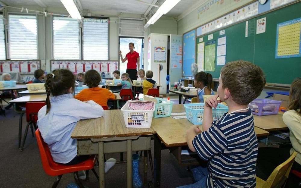A kindergarten teacher prepares her students for a classroom lockdown drill February 18, 2003 in Oahu, Hawaii. Lockdown procedure is used to protect school children from possible threats. (Phil Mislinski/Getty Images)