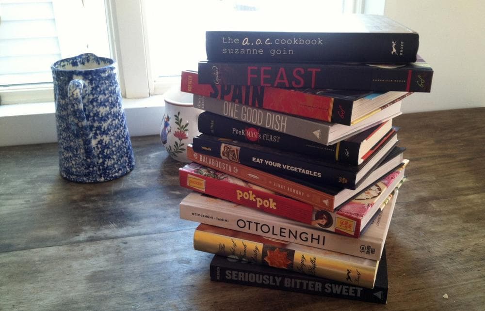 A stack of Kathy Gunst's favorite cookbooks. (Kathy Gunst/Here &amp; Now)