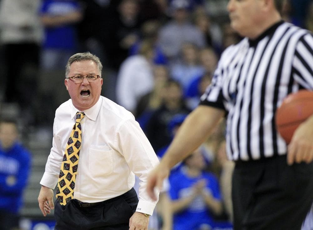 This isn't the first time SIU head coach Barry Hinson has shown his temper. Here he is yelling at a referee in February. (Nati Harnik/AP)