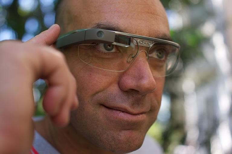 A developer, Loic Le Meu selected for Google Glass explorer edition shows off his device. (Wikimedia Commons)