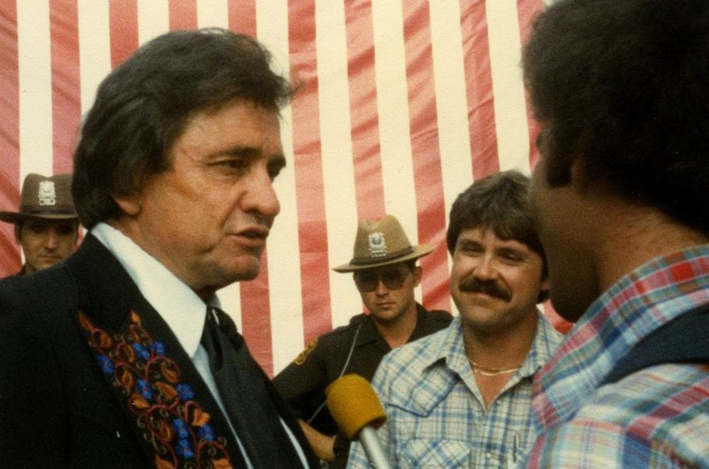 Don Gonyea (far right, in vest) interviewing Johnny Cash in 1981. (Don Gonyea)