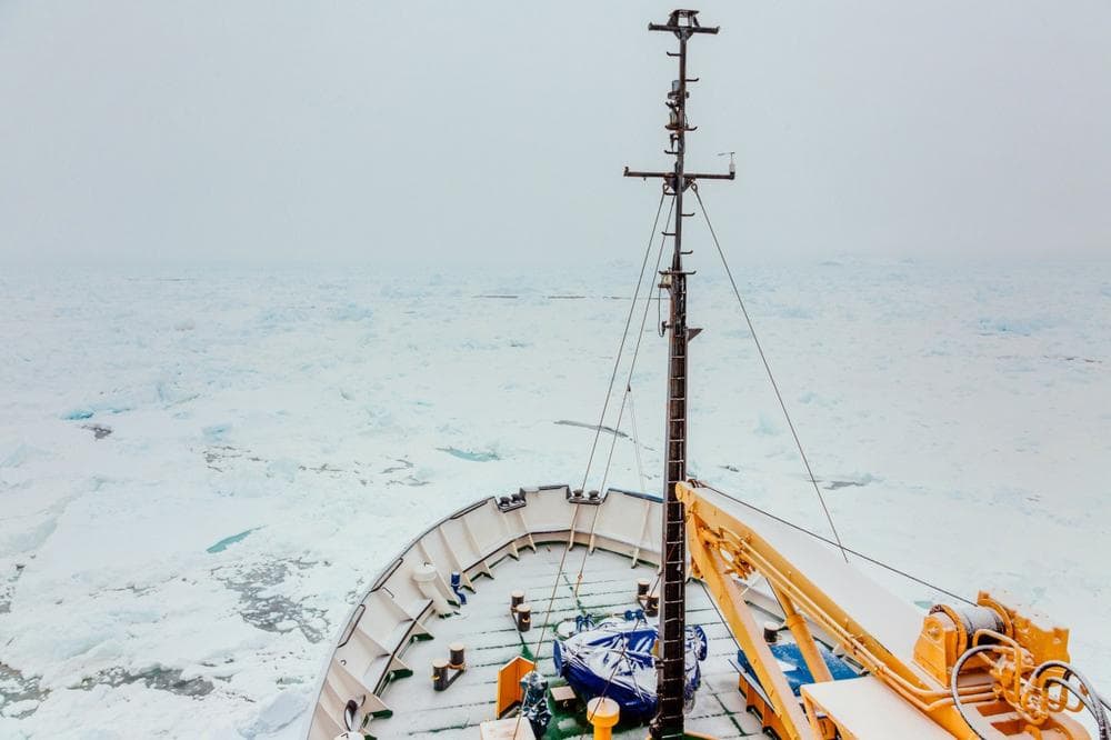This image taken by passenger Andrew Peacock of www.footloosefotography.com on December 29, 2013 shows a thin fresh coat of snow on the trapped ship MV Akademik Shokalskiy as it waits to be rescued. (Andrew Peacock/AFP/Getty Images)