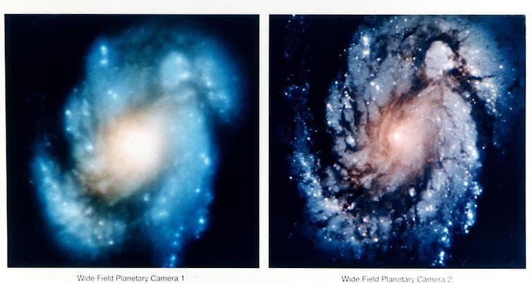 This comparison image of the core of the galaxy M100 shows the dramatic improvement in Hubble Space Telescope's view of the universe after the first Hubble Servicing Mission in December 1993. (Wikimedia Commons via NASA)