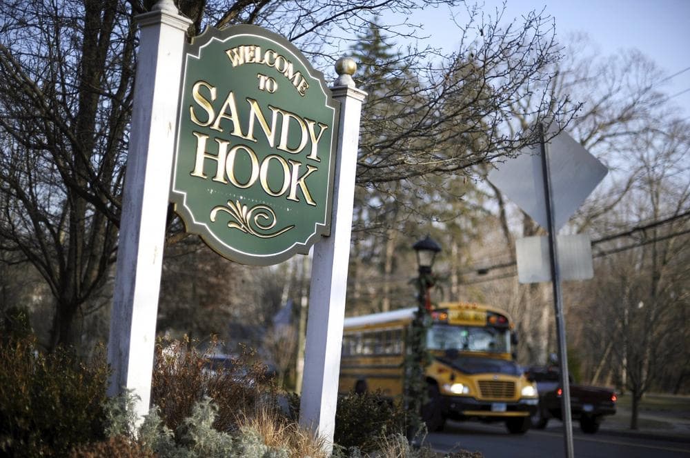 In this Dec. 4, 2013 file photo, a school bus drives past a lamppost decorated for the holidays, and a sign reading Welcome to Sandy Hook, in Newtown, Conn. (Jessica Hill/AP)