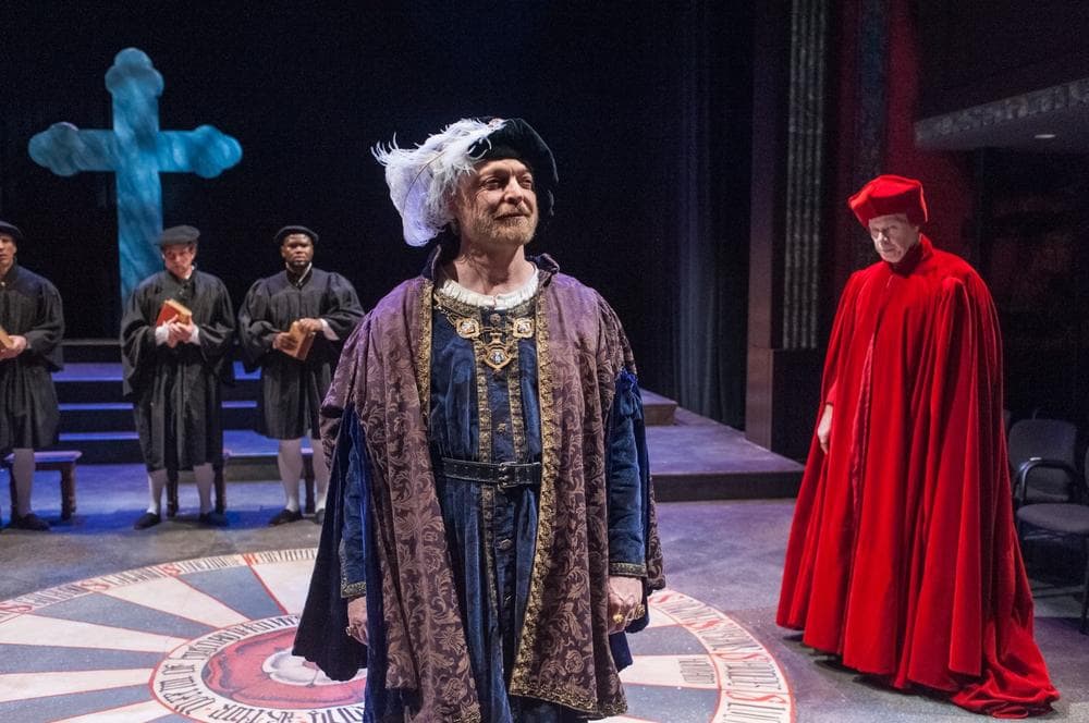 Allyn Burrows as Henry VIII (left) and Robert Walsh as Cardinal Wolsey (right) in the Actors' Shakespeare Project's production of Henry VIII. (Credit: Actors' Shakespeare Project)