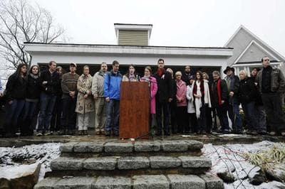 Family members representing fourteen of the twenty-six victims from the Sandy Hook Elementary School shooting address the media, Monday, Dec. 9, 2013, in Newtown, Conn. Newtown is not hosting formal events to mark the anniversary Saturday. (AP)