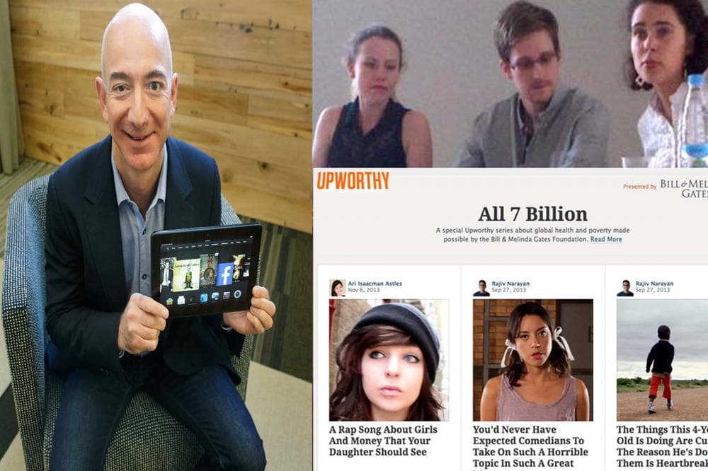 The biggest media stories in 2013 included Amazon.com founder and CEO Jeff Bezos buying The Washington Post, NSA leaker Edward Snowden's surveillance revelations and the rise of viral positive media sites like Upworthy. (AP)