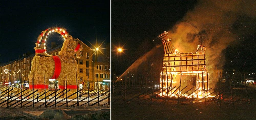 Each year since about 1966, merchants of Gavle, Sweden, have erected a 4-story-tall Christmas straw goat. In about half the years, the giant creature has burned during the holiday season, including on Dec. 12 last year. The 1976 goat was hit by a car. In 1997, it was damaged by fireworks. From 1998 to 2001, it was set ablaze before the end of December. These photos show it before and after it was torched on Dec. 21, 2004. The vandals are seldom caught, but during Christmas 2001, the goat was set on fire on Dec. 23 by a 51-year-old visitor from Cleveland, Ohio. The culprit, Lawrence Jones, was convicted of inflicting gross damage and spent 18 days in jail. (AP Photo / Per-Erik Jaderberg)