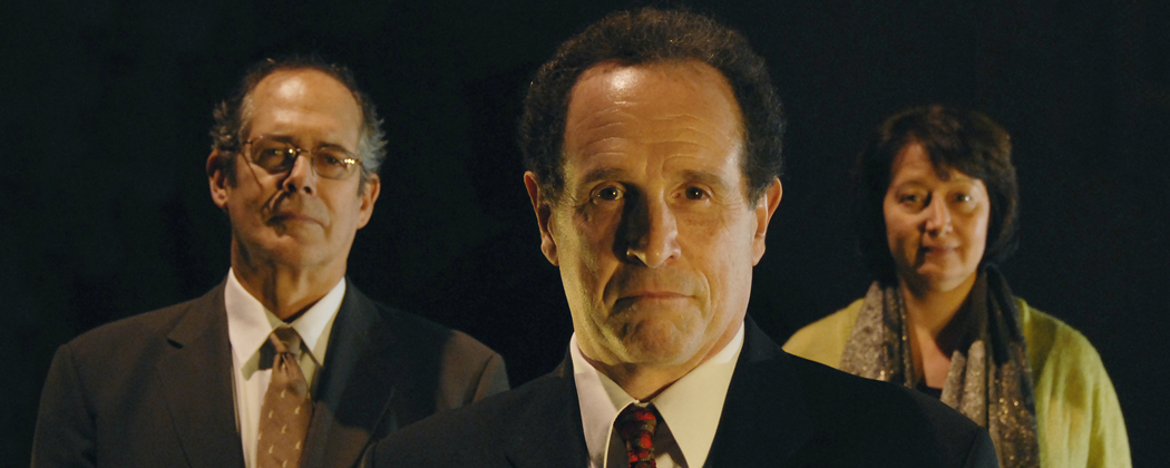 From left to right, Joel Colodner as Solomon Galkin, Jeremiah Kissel as Bernard Madoff, Adrianne Krstansky as a secretary. (Courtesy New Rep Theatre)
