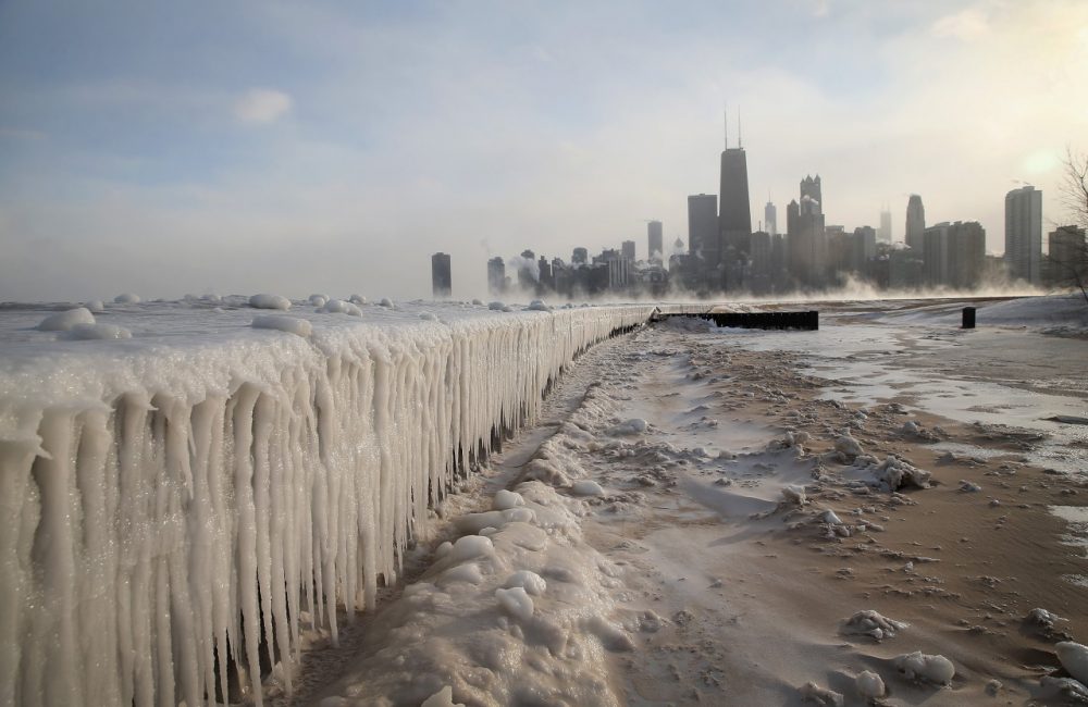 Ice builds up along Lake Michigan at North Avenue Beach as temperatures dipped well below zero on January 6, 2014 in Chicago, Illinois. (Scott Olson/Getty Images)