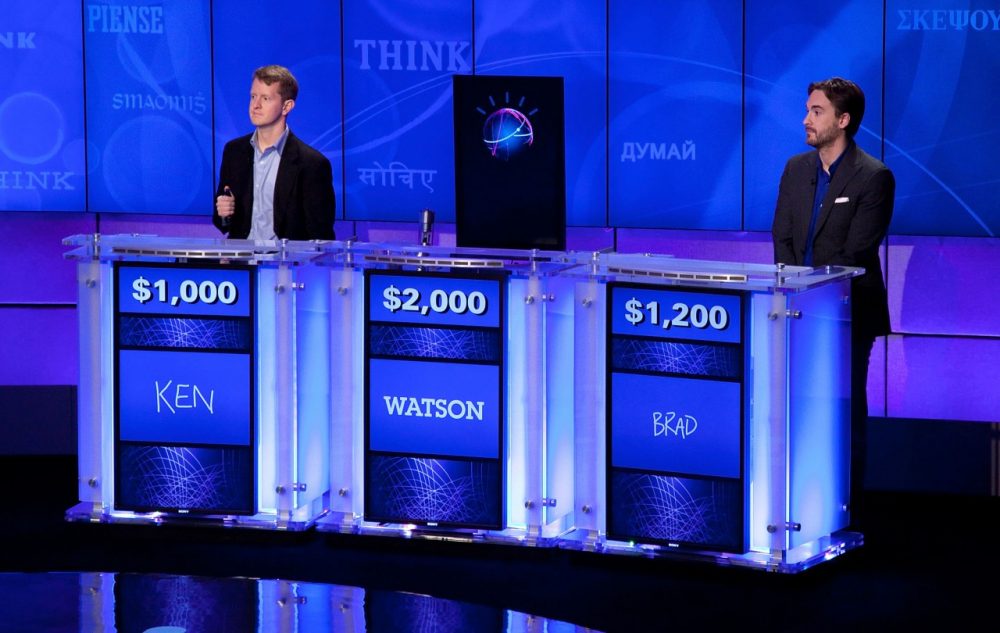 'Jeopardy!' contestants Ken Jennings and Brad Rutter compete against 'Watson,' at the IBM T.J. Watson Research Center on January 13, 2011 in Yorktown Heights, New York. (Ben Hider/Getty Images)