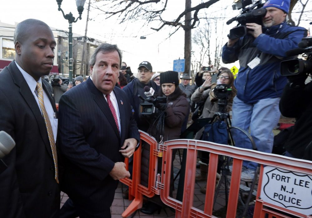 New Jersey Gov. Chris Christie, second left, arrives at Fort Lee, N.J., City Hall, Thursday, Jan. 9, 2014. Christie traveled to Fort Lee to apologize in person to Mayor Mark Sokolich. Moving quickly to contain a widening political scandal, Gov. Chris Christie fired one of his top aides Thursday and apologized repeatedly for the &quot;abject stupidity&quot; of his staff, insisting he had no idea anyone around him had engineered traffic jams to get even with a Democratic mayor. (Richard Drew/AP)
