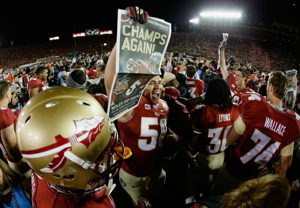 Florida State players celebrate their 2014 BCS title game victory over Auburn on Monday. The College Football Playoff will replace the BCS next season. (Kevin C. Cox/Getty Images)
