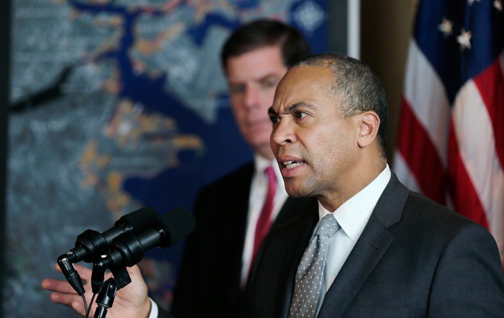 Gov. Deval Patrick speaks during a Jan. 14 news conference on his $50 million plan to take on the challenges of climate change. (Charles Krupa/AP)