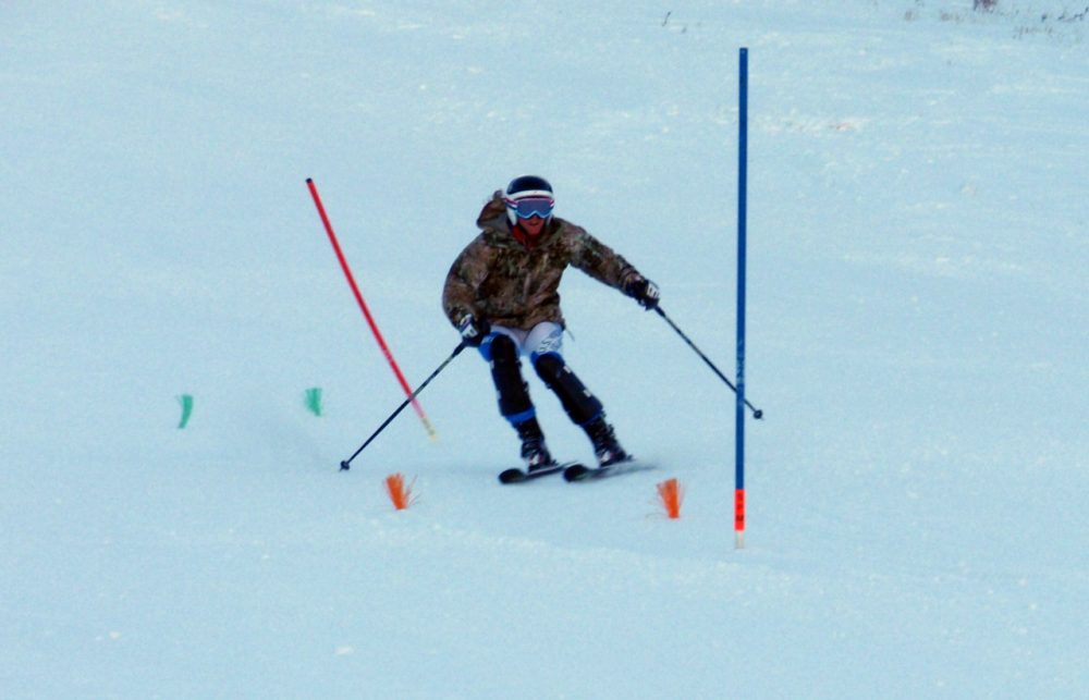 Jasmine Campbell practices slalom racing on her home mountain, Sun Valley's Baldy. (Tom Banse/Northwest News Network)