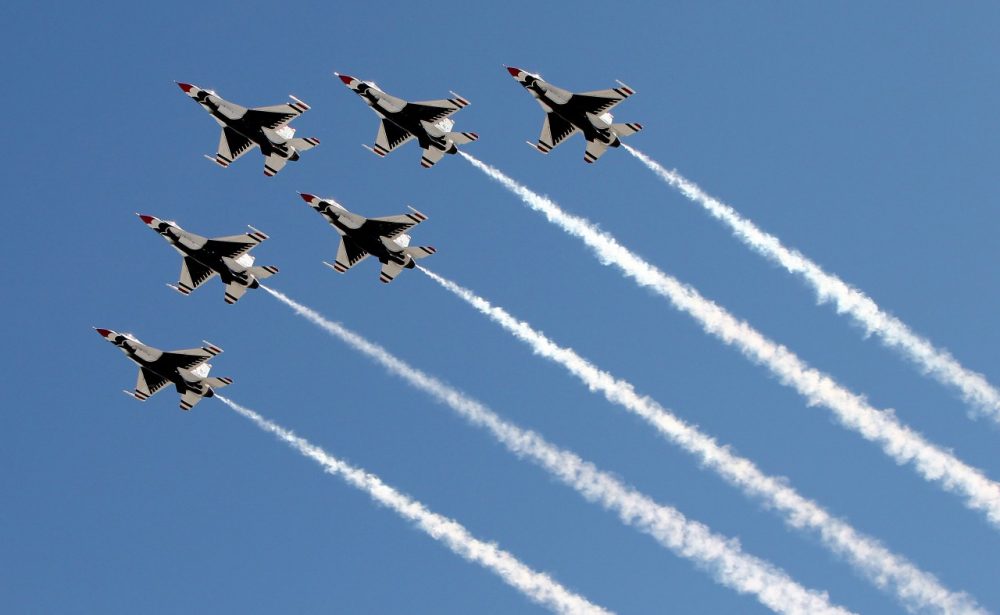  The U.S. Air Force Thunderbirds fly over during pre-race ceremonies for the NASCAR Sprint Cup Series Kobalt Tools 400 at Las Vegas Motor Speedway on March 10, 2013 in Las Vegas, Nevada. (Alex Trautwig/Getty Images)