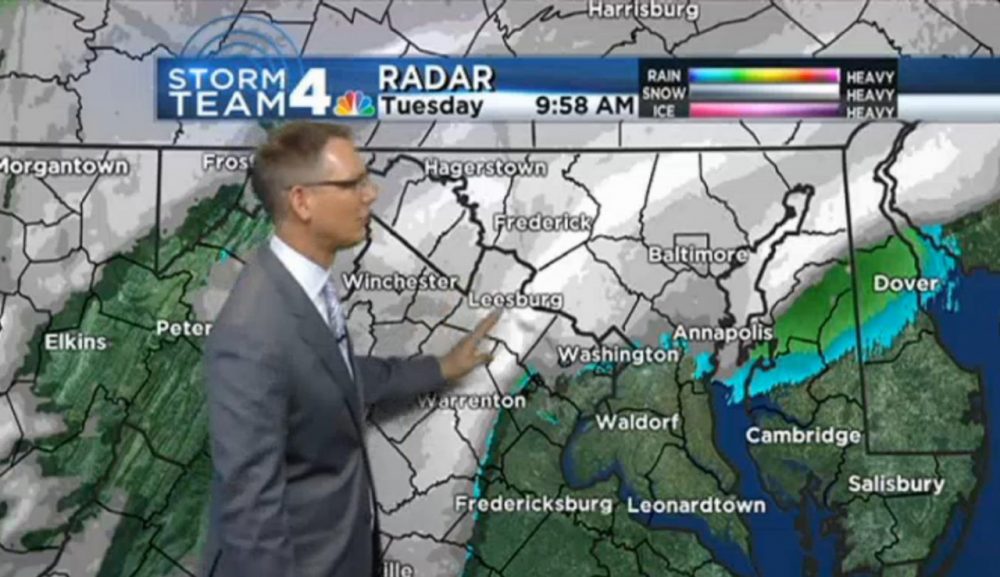 Chuck Bell, meteorologist for NBC 4 in Washington, D.C., gives the weather forecast on Tuesday, Jan. 21, 2013. (Screenshot)