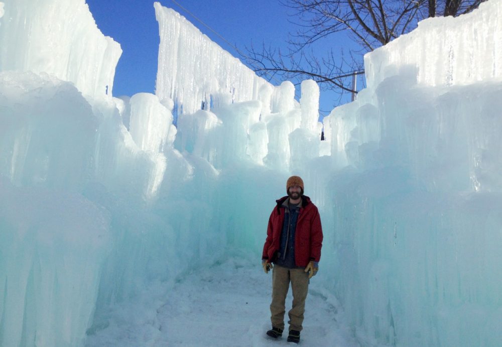 Cory Livingood stands in a potential ice throne location. (Sean Hurley/NHPR)