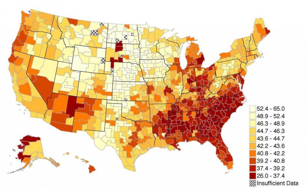 This map shows the average percentile rank of children who grow up in below-median income families across areas of the U.S. (absolute upward mobility). Lighter colors represent areas where children from low-income families are more likely to move up in the income distribution. To look up statistics for your own city, use the interactive version of this map created by the New York Times. (equality-of-opportunity.org)