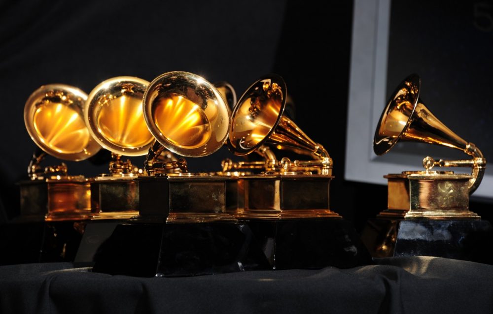 The six trophies for Adele are displayed backstage at the 54th Grammy Awards in Los Angeles, California, February 12, 2012. (Frederic J. Brown/AFP/Getty Images)