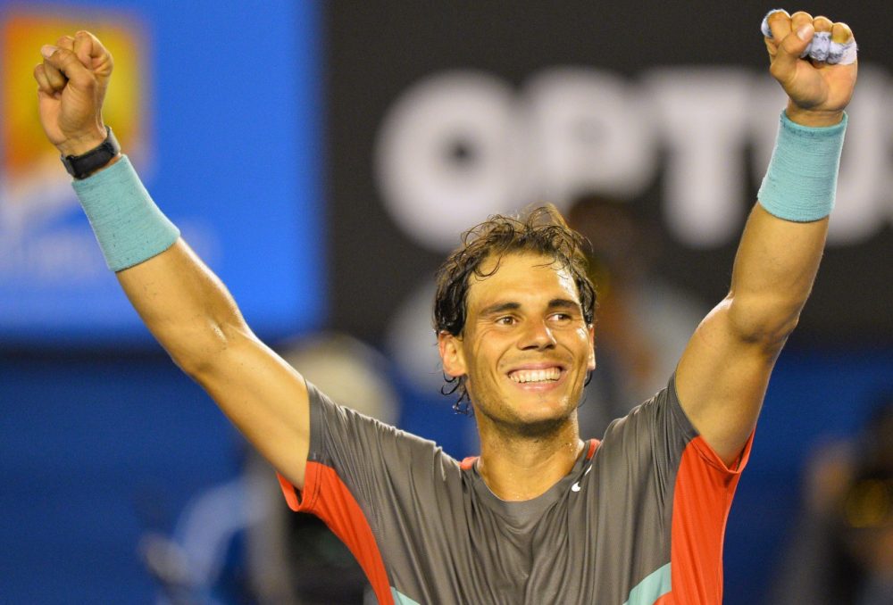 Spain's Rafael Nadal celebrates his victory against Switzerland's Roger Federer during their men's singles semi-final match on day 12 of the 2014 Australian Open tennis tournament in Melbourne on January 24, 2014. (Saeed Khan/AFP/Getty Images)