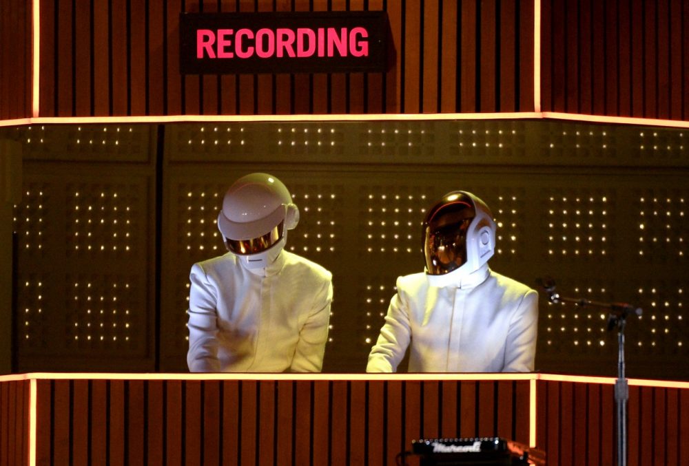 Musicians Thomas Bangalter and Guy-Manuel de Homem-Christo of Daft Punk perform onstage during the 56th GRAMMY Awards at Staples Center on January 26, 2014 in Los Angeles, California. (Kevork Djansezian/Getty Images)