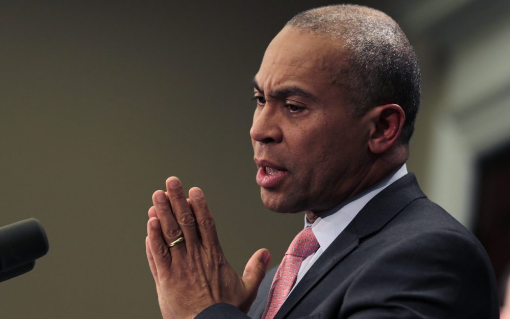 Mass. Gov. Deval Patrick gestures during a news conference at the Statehouse in Boston, Wednesday, Jan. 22, 2014. Gov. Patrick announced he is delivering his final state budget to Beacon Hill lawmakers, which proposes increasing spending by 4.9 percent over the current fiscal year. (AP)