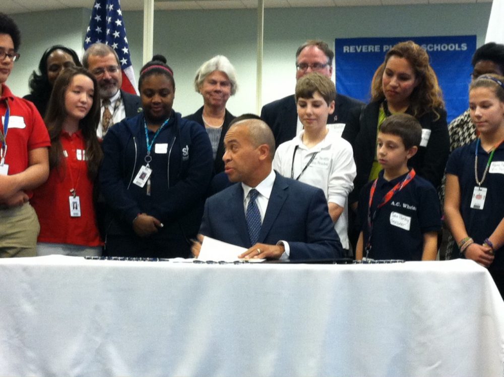 Gov. Patrick signed an executive order creating a special task force on school safety at the A.C. Whalen Elementary School in Revere. (WBUR/Jack Lepiarz)