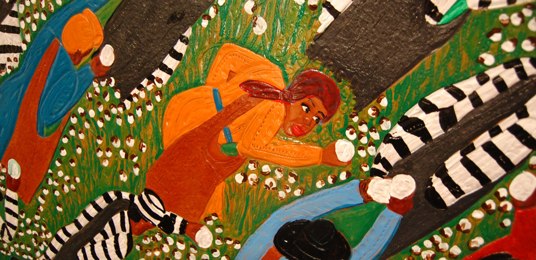 Detail of Winfred Rembert's &quot;Mixed Pickers,&quot; 2010, dye on carved and tooled leather. (Courtesy of Adelson Galleries, Boston)